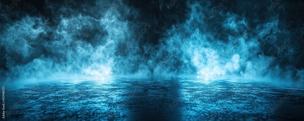 Poster Abstract background of dark blue with light rays and mist, spotlight on an asphalt floor for display products. Dark scene with reflections from the water surface