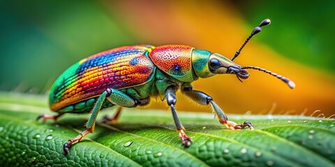 Fototapeta premium A minuscule weevil, captured in a breathtaking tilt-shift photograph, roams a verdant leaf that resembles a vast wilderness.