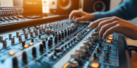 Mixing Masterpiece:  A close-up shot of a sound engineer's hands meticulously adjusting the knobs and faders on a professional mixing console.  The warm, golden light casts a glow on the scene.