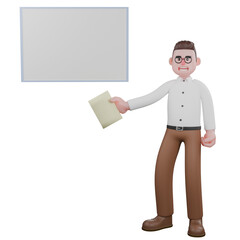 3D Social Expert Sociologist. A male sociologist stands with a stern expression, holding a piece of paper in his left hand. Male Professional