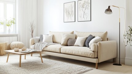 Fototapeta premium A realistic photo of a contemporary living room featuring a beige sofa, white walls, and a coffee table The room is styled with a soft rug, modern floor lamp, and decorative wall art Cushions and
