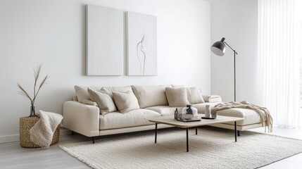 A realistic photo of a chic living room featuring white walls, a beige sofa, and a coffee table A soft rug, modern floor lamp, and wall art complete the stylish space Cushions and throws add warmth
