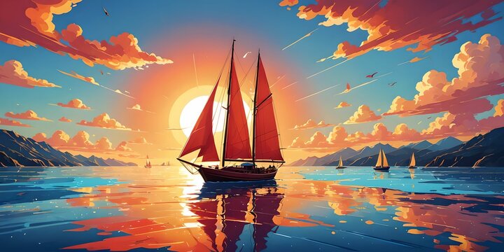 wallpaper, abstract style, representing a sunset with sailboats on a calm sea.