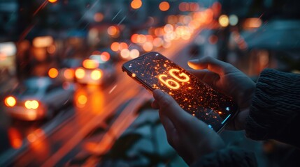 Man holding mobile phone with text 6G made of glowing light and data network connections icon on screen, technology concept for next generation, fast internet connection and futuristic communication