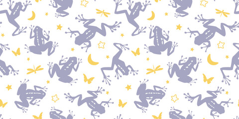 Seamless pattern with silhouettes of a frog on a background of stars, sky, moon, dragonflies and butterflies. Abstract fantasy print with amphibians. Vector graphics.