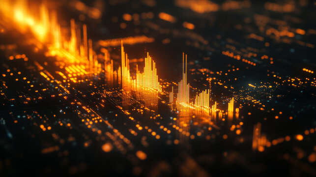 A 3D image shows a glowing candlestick chart on a dark background. The chart has numbers and lines to help you understand the market. This image represents investing, trading, and the stock market.
