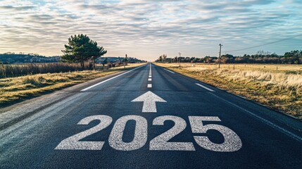 Text "2025" and arrow pointing towards the horizon written on asphalt shows a wide, open road leading into a bright future, representing positivity, opportunity, and success in the new year. The