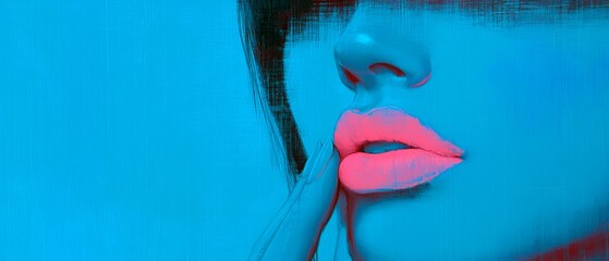 Obraz premium Artistic rendering of a woman's face, focusing on her bright pink lips and part of her nose against a vivid blue background. Abstract style and painterly, with brushstroke-like textures, Generative AI