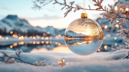 Clear glass Christmas ornament hanging on tree branch with reflection of snowy landscape