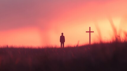 silhouette of person standing near cross at sunset