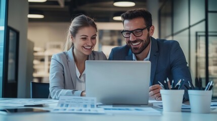 Obraz premium High-resolution photorealistic capture of two cheerful business professionals reviewing financial reports and agreements at a laptop in a modern office. Their positive energy and teamwork are