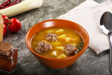 Soup with beef meatball and vegetables