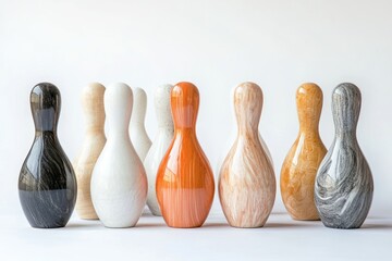 Row of Seven Unique Wooden Bowling Pins