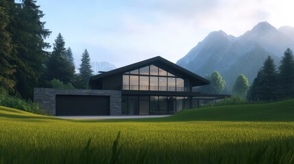 Obraz premium modern mountain house with glass facade and green meadow