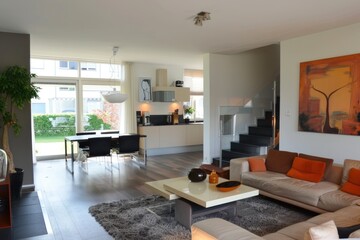 Bright modern living room with sleek furniture and cozy atmosphere