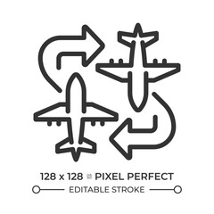 Fototapeta premium Charter flight linear icon. Airplanes with arrows. Flexible flight routes. Private aviation. Travel solutions. Thin line illustration. Contour symbol. Vector outline drawing. Editable stroke