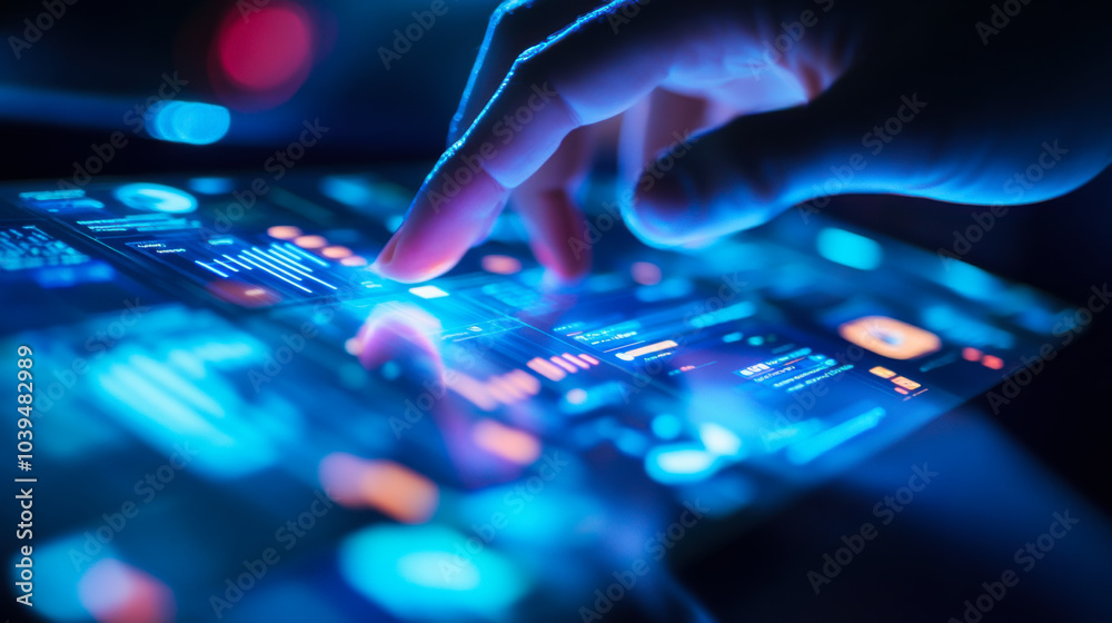 Poster a person interacts with a high-tech digital interface displaying vibrant analytics data in a dark en