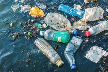 Fototapeta premium Plastic Waste Floating on Polluted Ocean Water