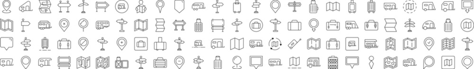 Motorhome, Map Pin, Baggage, Direction Pointer Collection of Thin Icons. Editable Stroke. Suitable for Web Sites, Books, Cards, Apps