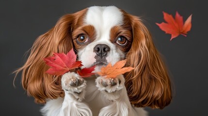 Naklejka premium one holds a leaf in its mouth, while the other clutches a maple leaf