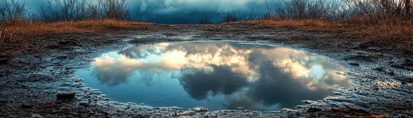 Obraz premium Stunning Reflection of Cloudy Sky in a Puddle on a Muddy Path Surrounded by Bare Trees and Grass