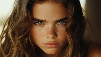 Naklejka premium A close-up of a woman's face adorned with freckles, some on her cheeks and some in her hair