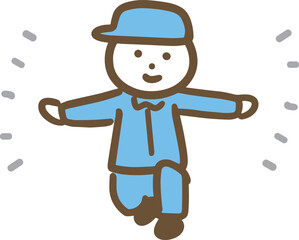 セーフのポーズを取る作業服の男性