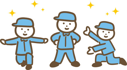 笑顔でポーズをとる三人の作業服の男性(全身)