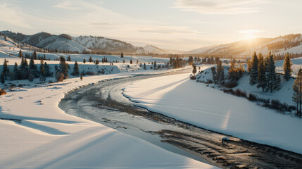 serene winter landscape featuring winding river surrounded by snow covered hills and evergreen trees. soft sunlight casts warm glow over tranquil scene, evoking sense of peace and beauty