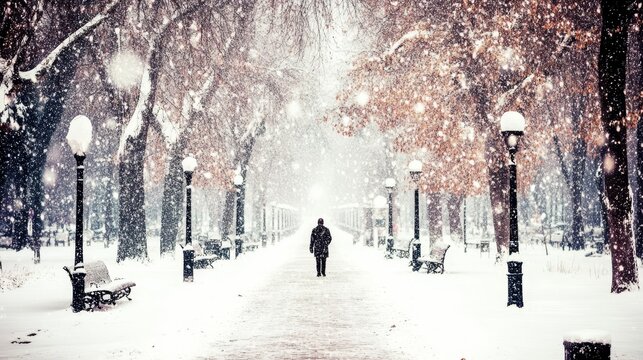  A man walks down a snow-covered street adjacent to a park The park is dotted with benches and street lamps, all coated in snow