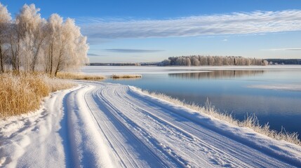 Obraz premium A road blanketed in snow, flanked by bodies of water and tree-lined banks Snow covers the ground