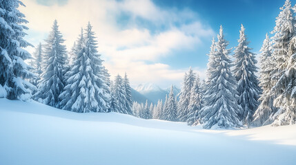 Fototapeta premium The tranquil snowy landscape features unspoiled snow blanketing evergreen trees against a bright blue sky