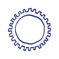 Gear sketch. Hand drawn vector illustration. Blue pen or marker drawing. Primitive kids picture