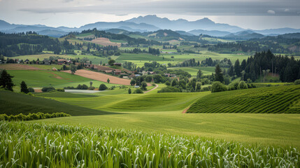 Fototapeta premium serene countryside landscape just before storm, showcasing lush green fields, rolling hills, and distant mountains under moody sky. scene evokes sense of calm and anticipation