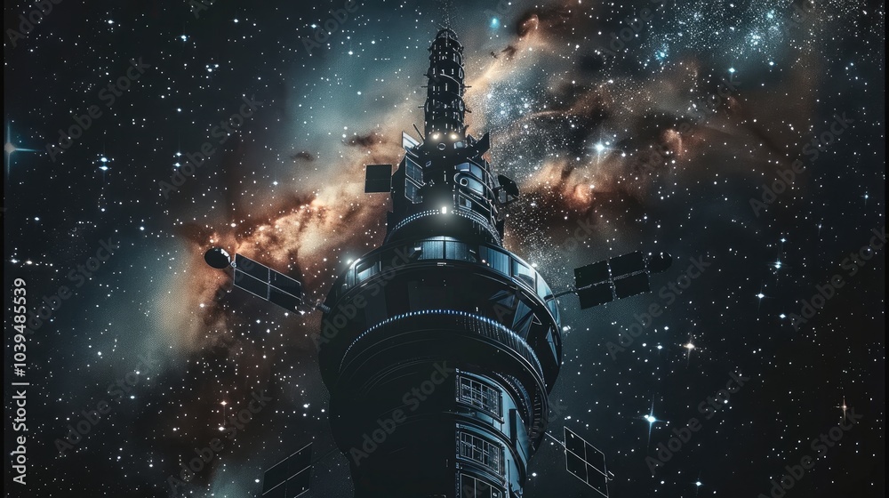 Poster A space beacon in the middle of deep space with a background of stars and galaxies.