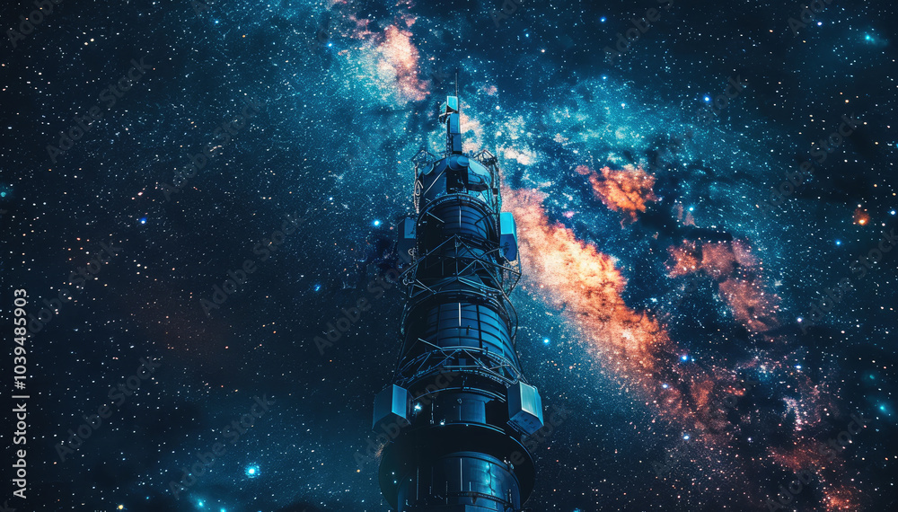 Poster a space beacon in the middle of deep space with a background of stars and galaxies.