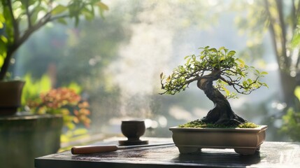 A serene bonsai garden with pruning tools, Miniature trees meticulously tended, Zen-inspired style
