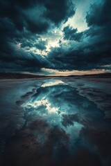 Fototapeta premium ** Dramatic Cloudscape Reflected in Tranquil Water at Sunset Capturing Nature's Beauty and Serenity in a Stunning Landscape Photograph..**