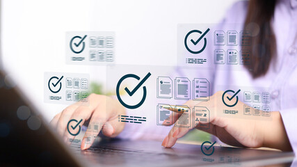 Businessman Take an assessment, Check list, questionnaire, evaluation, filling out an online survey form. Answer the test questions. online survey exam Choosing the right answer in the exam,