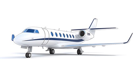 Private Jet: A sleek, modern private jet, gleaming white with blue accents, sits poised for takeoff against a backdrop of clear sky. Its powerful engines promise swift and luxurious travel.