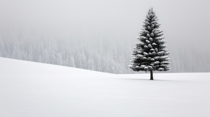 Obraz premium single snow covered pine tree stands tall in serene winter landscape, surrounded by blanket of white snow and misty backdrop of distant trees