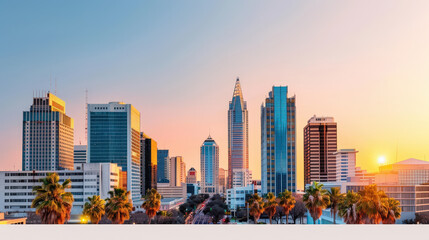 Obraz premium vibrant skyline filled with tall skyscrapers and palm trees, showcasing beautiful sunset over city. scene captures essence of urban life and architectural beauty