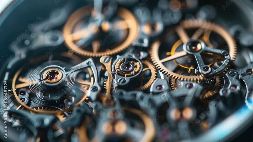 Poster a close-up of a dismantled mechanical watch, with intricate gears and springs spread out on a dark b