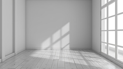 A minimalist empty room with a large window casting sunbeams onto the white wooden floor. The clean lines and bright space create a sense of tranquility and potential.