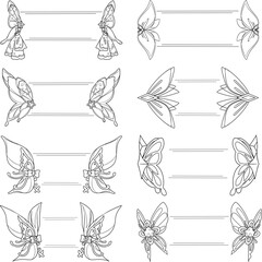 Decorative wings like frames set isolated on white background. Vector illustration.