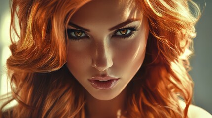 Fototapeta premium A tight shot of a woman with long red hair and emerald green eyes, adorned with a necklace