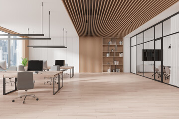 Modern Office Interior with Wooden Accents and Large Windows. 3D Rendering