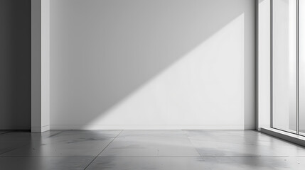 Obraz premium A minimalistic room with a large window and a tiled floor. The natural light casts a long shadow on the wall, creating a sense of calm and serenity. The room is ideal for showcasing a variety of produ