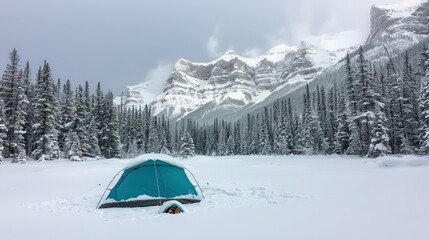 Fototapeta premium snow covered tent in peaceful mountain forest creates serene winter scene. surrounding tall trees and majestic mountains enhance tranquil atmosphere, inviting adventure