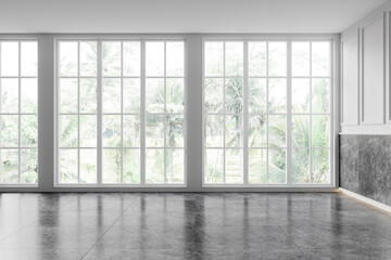 Empty room with large windows and gray tiled floor. 3D Rendering